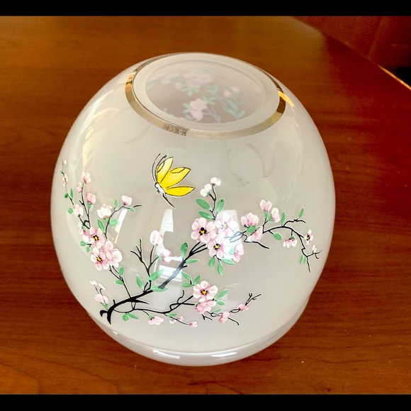 Milky White Sanded Art Glass Vase & Candle Bowl Set Handpainted Cherry Blossom - Picture 5 of 9